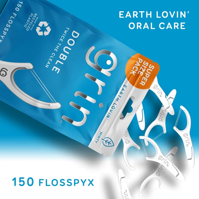Alt view image 2 of 6 - GRIN Double Flosspyx Floss Picks, 150 ct, Minty Flavor, Recycled Plastic, 2 Lines Strong Floss, Longer Floss Head, Traps Food & Plaque, with Soft Fold-Back Toothpick