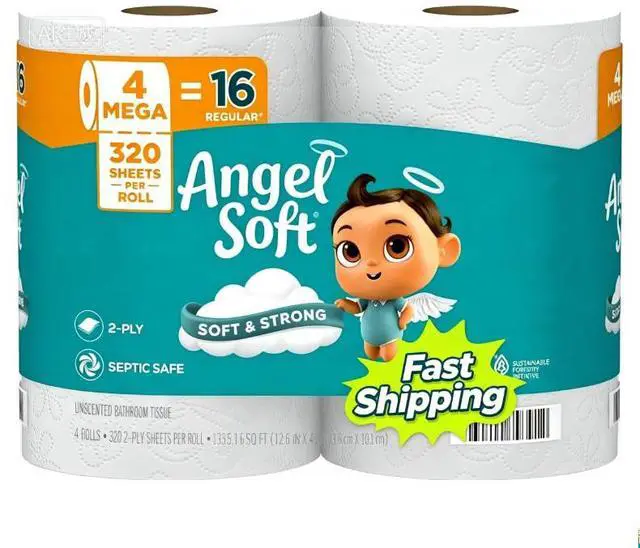 Main image of Angel Soft Toilet Paper, 4 Mega Rolls = 16 Regular Rolls, Soft and Strong Toilet Tissue