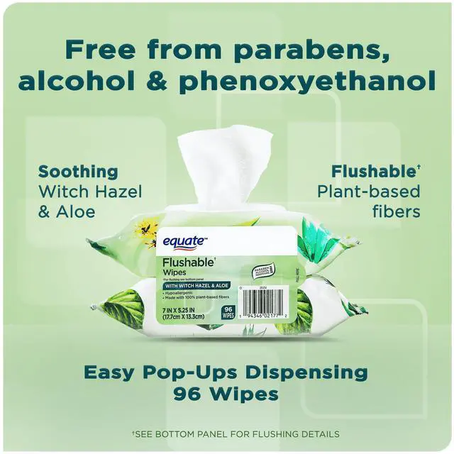 Alt view image 3 of 7 - Equate Flushable Wet Wipes, Witch Hazel & Aloe, 96 Wipes, 2 Pack