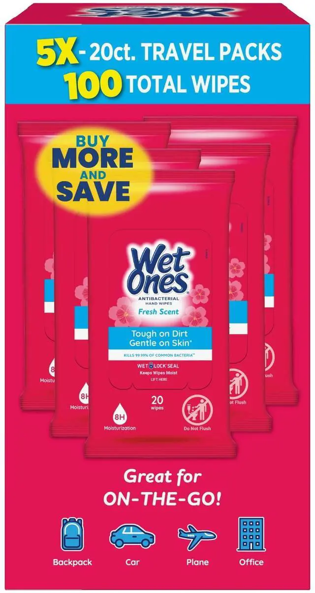Main image of Wet Ones Antibacterial Hand Wipes, Fresh Scent, 20 Each (5 Pack)