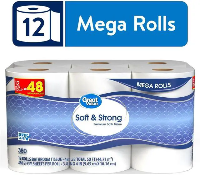 Main image of Great Value Soft & Strong Toilet Paper, 12 Mega Rolls, 380 Sheets per Roll