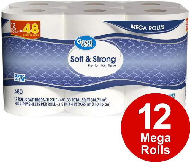 Alt view image 5 of 6 - Great Value Soft & Strong Toilet Paper, 12 Mega Rolls, 380 Sheets per Roll