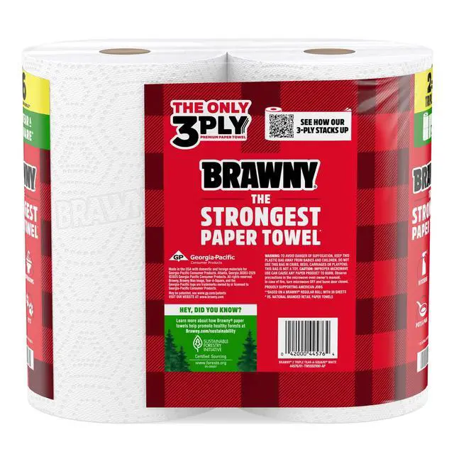 Alt view image 5 of 7 - Brawny Tear-A-Square 3-Ply Paper Towels, 2 Triple Rolls, 114 Sheets per Roll