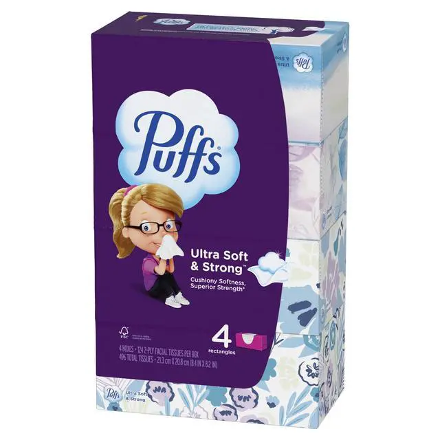 Alt view image 7 of 7 - Puffs Ultra Soft Tissues, 4 Family Size Boxes, 124 Facial Tissues per Box