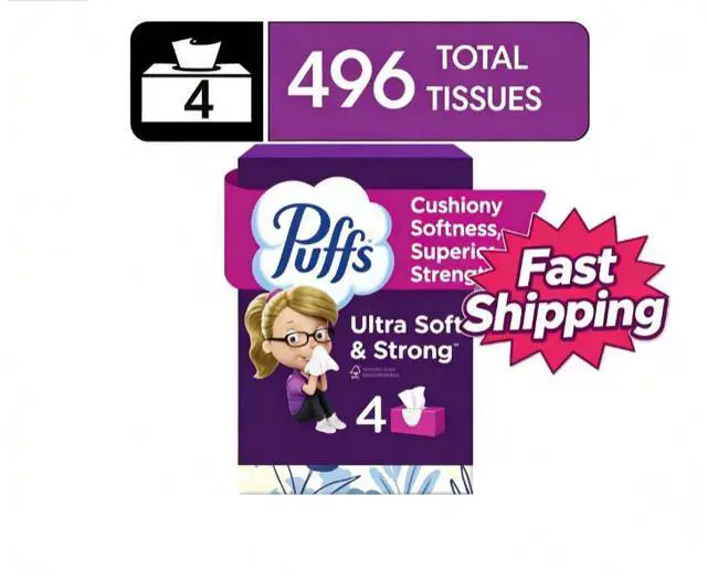Main image of Puffs Ultra Soft Tissues, 4 Family Size Boxes, 124 Facial Tissues per Box