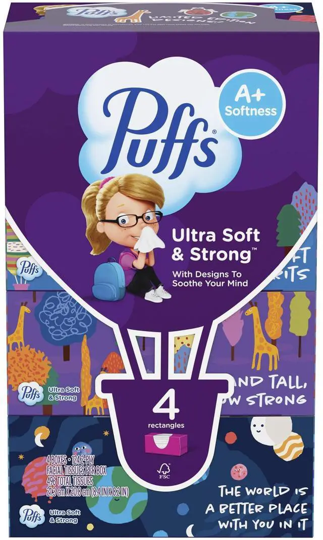 Alt view image 6 of 7 - Puffs Ultra Soft Tissues, Back-to-School Limited Edition, 4 boxes of rectangular packaging, 124 sheets per box.