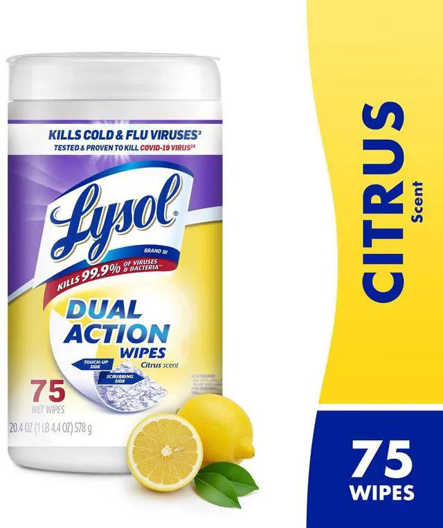 Main image of Lysol Dual Action Disinfectant Wipes, Multi-Surface Antibacterial Scrubbing Wipes, For Disinfecting and Cleaning, Citrus Scent, 75 Count