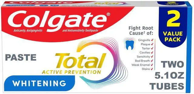 Main image of Colgate Total Active Prevention Whitening Toothpaste, Mint, 2 Pack, 5.1 oz
