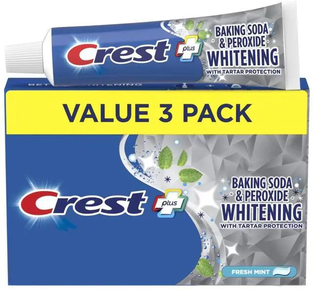 Main image of Crest Plus Baking Soda & Peroxide Whitening Toothpaste, Fresh Mint, 5.7 oz, Pack of 3