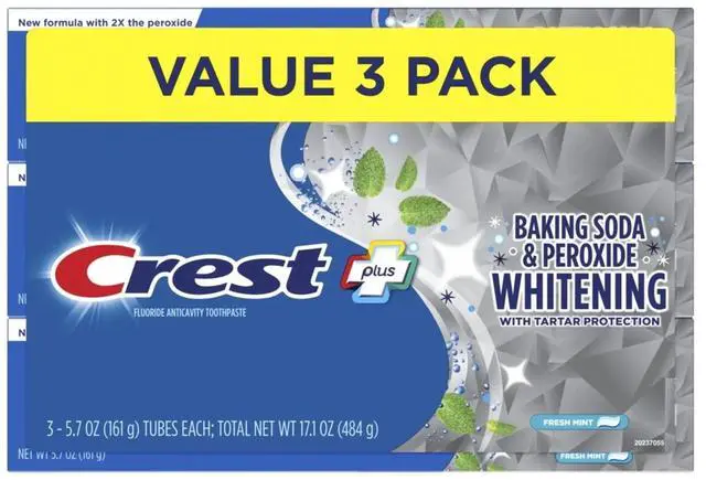 Alt view image 7 of 7 - Crest Plus Baking Soda & Peroxide Whitening Toothpaste, Fresh Mint, 5.7 oz, Pack of 3