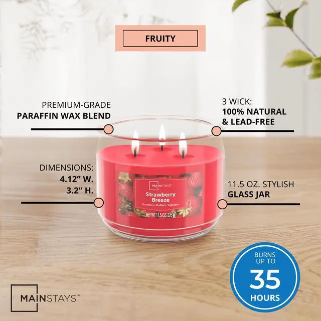 Alt view image 7 of 7 - Mainstays 3-Wick Scented Glass Jar Candle, Strawberry Breeze, 11.5 oz