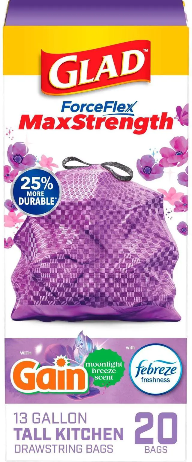 Main image of Glad ForceFlex MaxStrength 13-Gallon Purple Drawstring Tall Kitchen Bags, Gain Moonlight Breeze Scent, 20 Bags