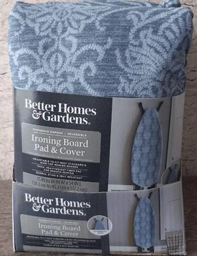 Main image of Better Homes & Gardens Ironing Board Cover-18x54, Cotton,Recycled Polyester Felt Padded, Reversible,Scorch Resistant, MulticolorDamask Blue/Gray Patern to Solid Blue,Cover Only-Boards Sold Separately
