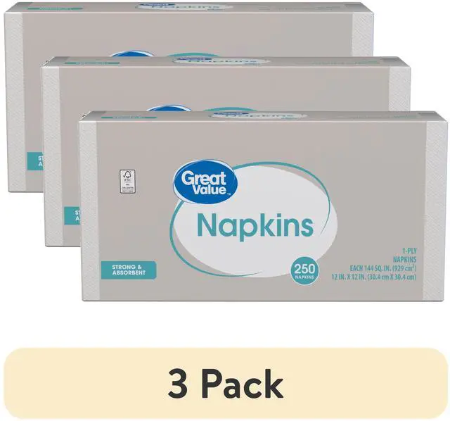 Main image of (3 pack) Great Value Disposable Paper Napkins, White, 12 in x 12 in, 250 Count