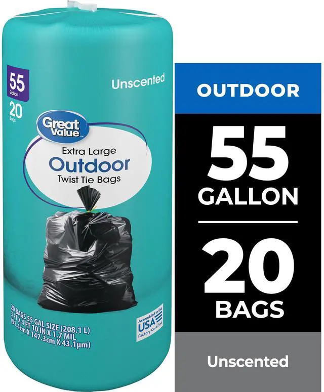 Main image of Great Value 55-Gallon Extra Large Outdoor Twist Tie Trash Bags, Unscented, 20 Bags
