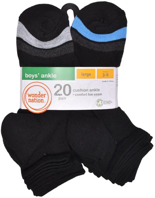 Alt view image 3 of 6 - Wonder Nation Boys Ankle Socks, 20-Pack, Sizes S (6-10.5) - L (4-10)