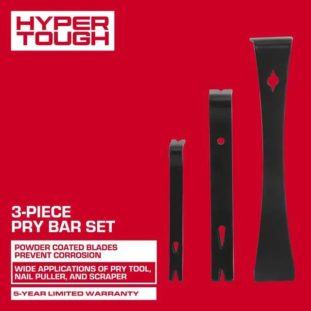 Alt view image 2 of 7 - Hyper Tough 3-piece Pry Bar Set with Nail Pull, 5-1/2, 7-1/2, 9-1/2-inch