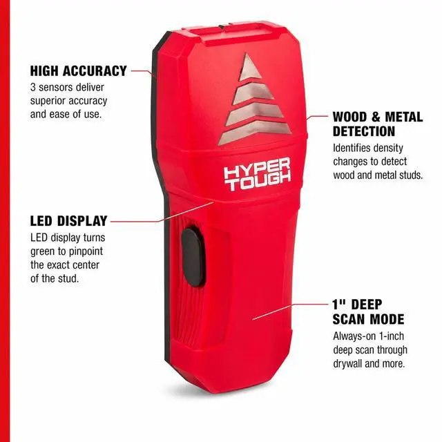 Alt view image 6 of 6 - Hyper Tough 3-Sensor Stud Finder Wall Scanner, Wood & Metal Stud Detector, Center Finder