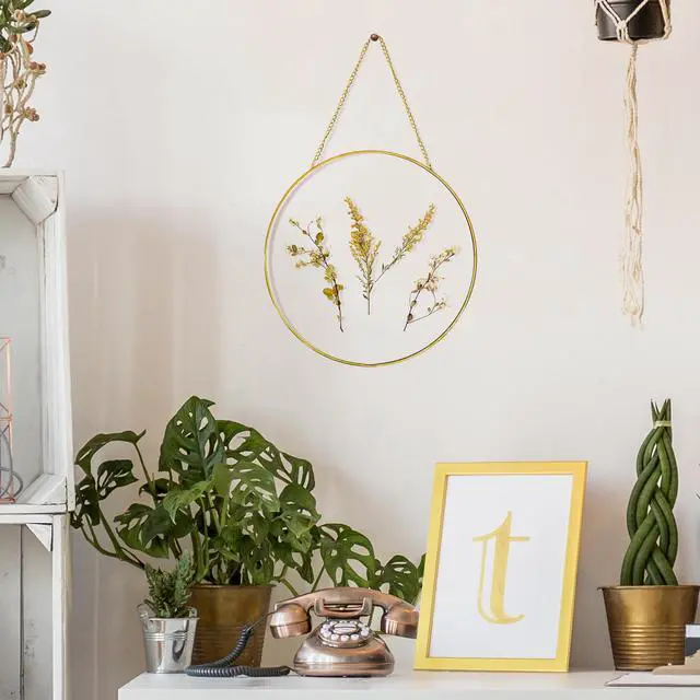 Alt view image 2 of 6 - Mainstays Hanging Gold Circular Framed Glass Dried Pressed Floral Wall Decor, 9x9