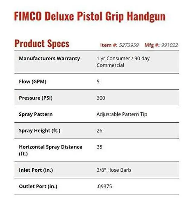 Alt view image 2 of 5 - Fimco 5273959 Pistol Grip Handgun with X-26 Tip, 18" Aluminum Wand, Adjustable Pattern Tip, Flow Rate Up To 5.G.P.M., 300 P.S.I.