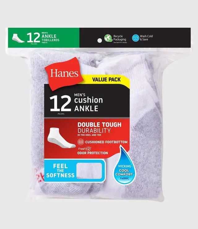Alt view image 6 of 6 - Hanes Men's Double Tough Durability Ankle Socks, Big & Tall, 12-Pack, Size 12-14