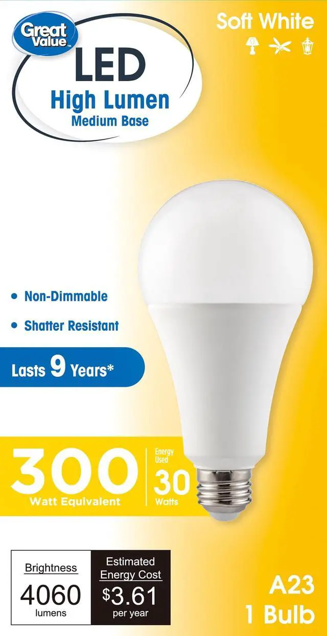Alt view image 3 of 7 - (2 pack) Great Value High Output A23 LED Light Bulb, 30-Watt (300W Equivalent), Soft White, E26 Medium Base