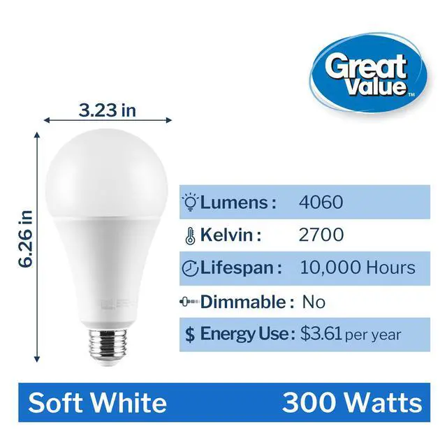 Alt view image 5 of 7 - (2 pack) Great Value High Output A23 LED Light Bulb, 30-Watt (300W Equivalent), Soft White, E26 Medium Base