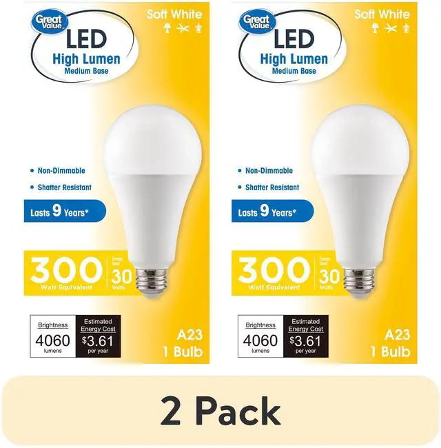 Main image of (2 pack) Great Value High Output A23 LED Light Bulb, 30-Watt (300W Equivalent), Soft White, E26 Medium Base