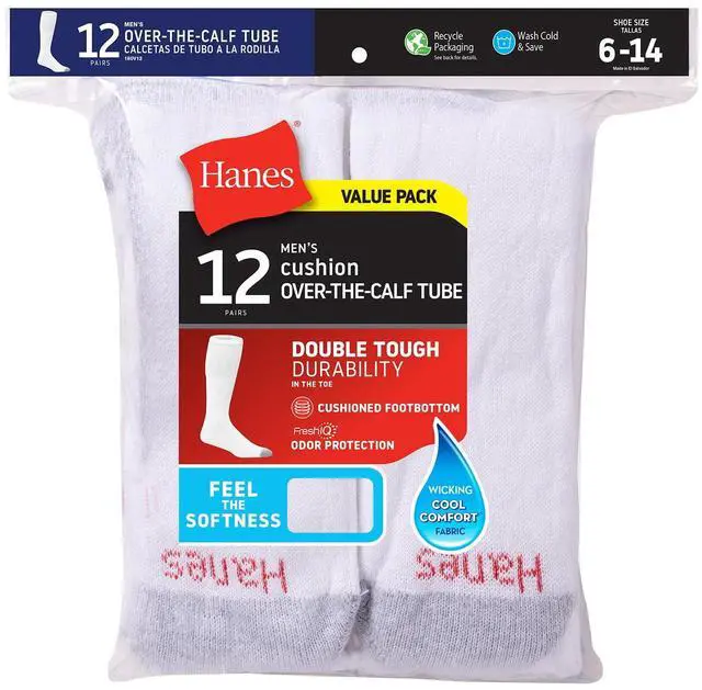 Alt view image 5 of 6 - Hanes Men's Double Tough Durability Over-the-Calf Socks, 12-Pack, Size 6-12