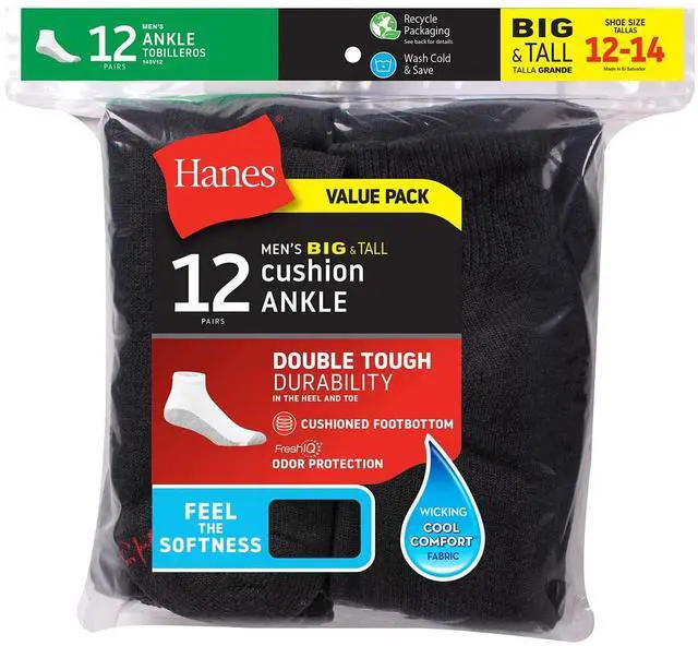 Alt view image 7 of 7 - Hanes Men's Double Tough Durability Ankle Socks, Big & Tall, 12-Pack, Size 12-14