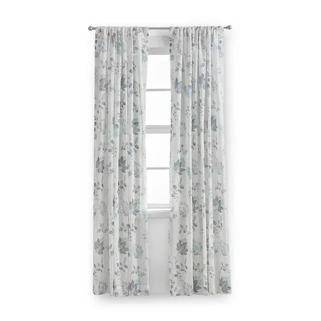 Alt view image 4 of 5 - Mainstays Blue Floral 100% Cotton Indoor Sheer Rod Pocket Single Curtain Panel , Light Blue, 50" W x 63"L
