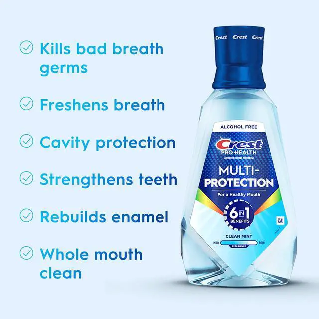 Alt view image 6 of 6 - Crest Mouthwash, Pro-Health Multi-Protection Fluoride Mouthwash, Alcohol-Free Oral Rinse, Clean Mint, 1L (33.8 fl oz)