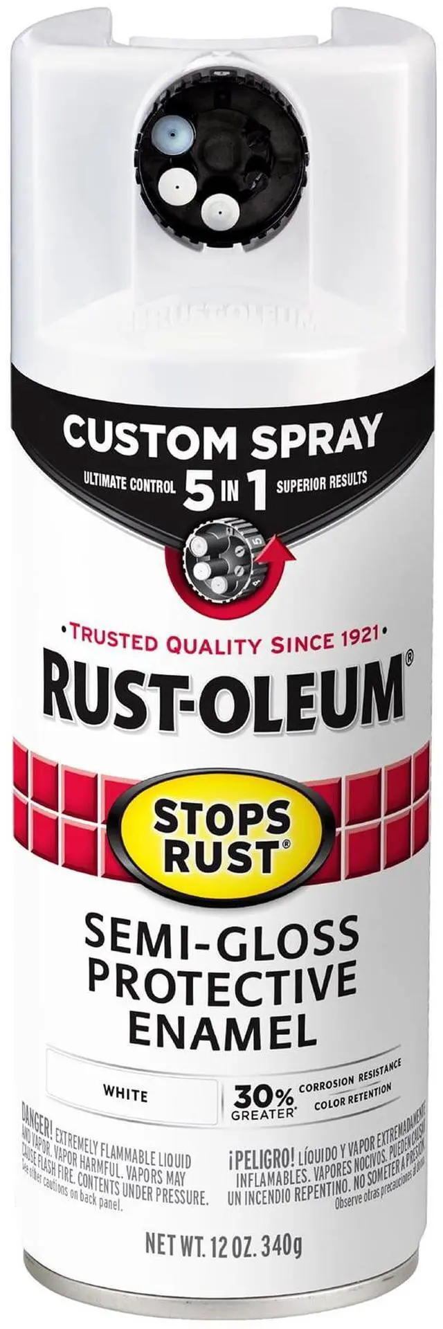 Main image of White, Rust-Oleum Stops Rust Custom Sprays 5 in 1 Semi-Gloss Spray Paint-376910, 12 oz