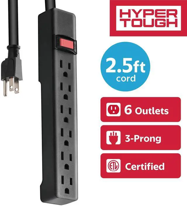 Main image of Hyper Tough 6-Outlet Indoor Power Strip, 2.5 ft Cord, UL/ETL Certified, Black