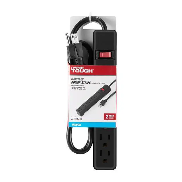 Alt view image 4 of 6 - Hyper Tough 6-Outlet Indoor Power Strip, 2.5 ft Cord, UL/ETL Certified, Black