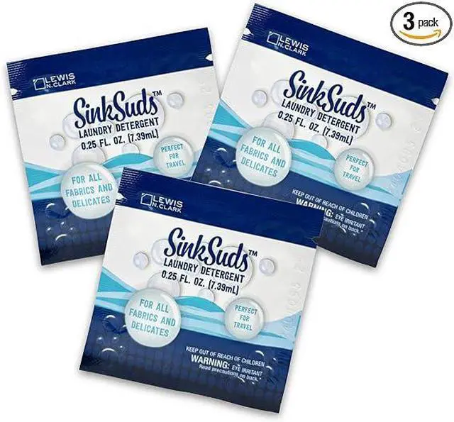 Main image of SinkSuds Laundry Detergent Travel Size Liquid Soap TSA Compliant Safe for All Fabrics, 3 Packets