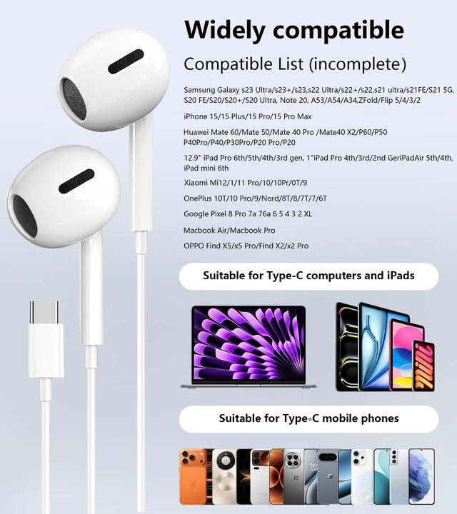Alt view image 6 of 7 - 2 Pack-USB C Headphones for iPhone 17/16/15 Earbuds Wired Earphones with Mic & Remote Control Noise Cancelling for iPhone 15, iPad Pro, Galaxy S23/S22/S21/S20/Ultra Note 10/20, Pixel 7/6/6a/5/4