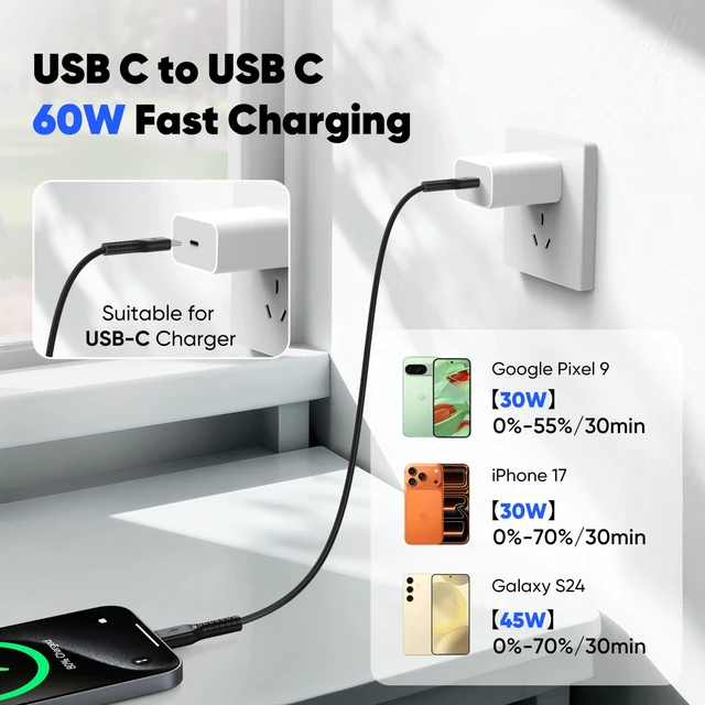 Alt view image 5 of 7 - USB C to USB C Cable 2ft 2 Pack, Short 60W Fast Charging, Silicone Cord | Type-C to USBC Upgraded Silicone Cord for iPhone 15/16/17 Galaxy S24/S25/S26 Tablets USB-C Charger and more