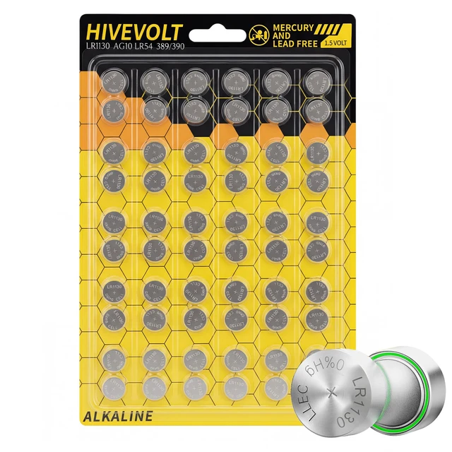 Main image of HIVEVOLT Lr1130 Battery 60 Pack, AG10 189 389 LR54 V10GA Long Lasting Button Batteries, Premium Alkaline 1.5V Coin Cell