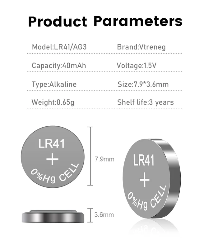 Alt view image 3 of 7 - 10 Count LR41 Button Batteries, AG3 392 384 192 1.5V Alkaline Batteries | for Watches, Calculators, Key Fobs, Toys & Small Electronics, Leak-Proof