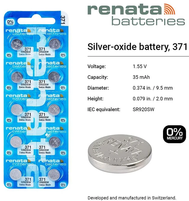 Alt view image 2 of 6 - Renata 371 SR920SW Batteries - 1.55V Silver Oxide 371 Watch Battery (2 Count)