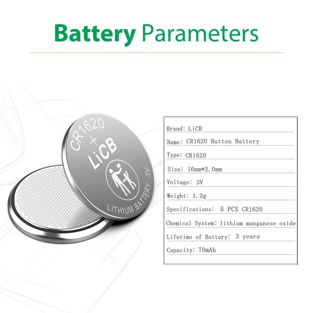 Alt view image 2 of 7 - LiCB 5 Pack CR1620 Battery, Long-Lasting & High Capacity CR 1620 Lithium Batteries,3V CR1620 Coin & Button Cell for Car Remote & Key Fob