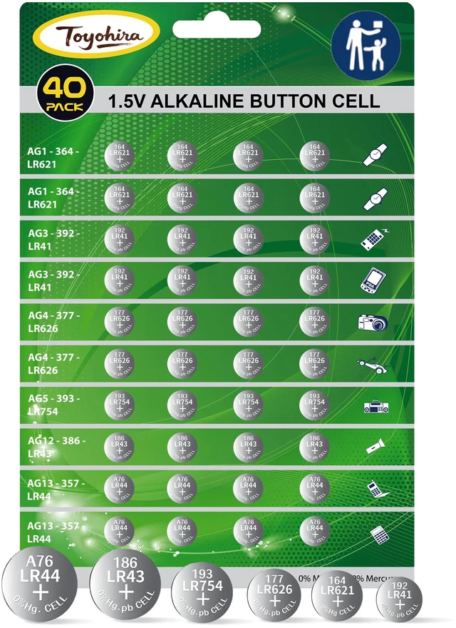 Main image of 40pcs High Power Super Alkaline Button Cell astd 1.5V Watch Batteries Incl. AG1(LR621,364)*8,AG3(LR41,392)*8, AG4(LR626,377)*8,AG5(LR754, 393)*4,AG12(LR43,386)*4,AG13(LR44,357)*8 for thermometer clock