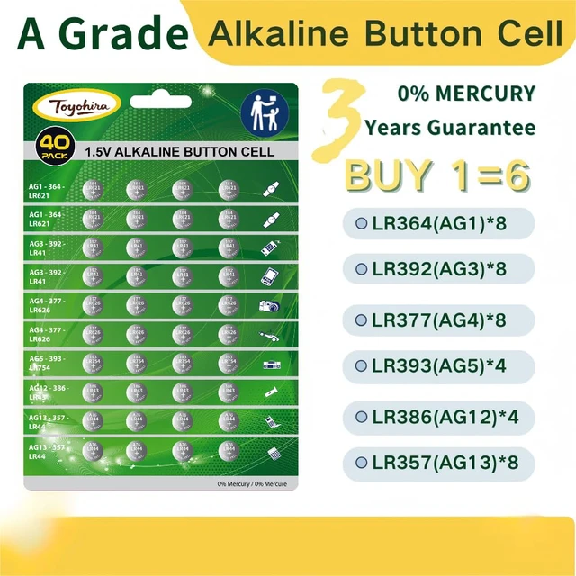 Alt view image 2 of 6 - 40pcs High Power Super Alkaline Button Cell astd 1.5V Watch Batteries Incl. AG1(LR621,364)*8,AG3(LR41,392)*8, AG4(LR626,377)*8,AG5(LR754, 393)*4,AG12(LR43,386)*4,AG13(LR44,357)*8 for thermometer clock