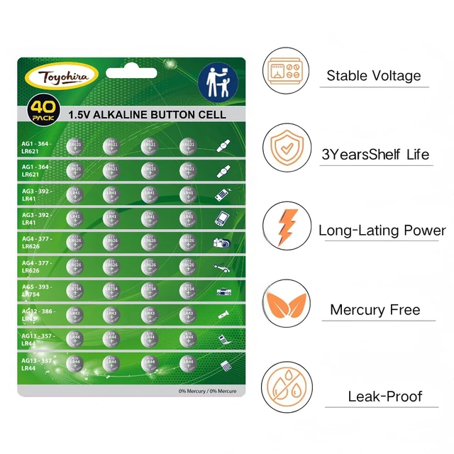 Alt view image 3 of 6 - 40pcs High Power Super Alkaline Button Cell astd 1.5V Watch Batteries Incl. AG1(LR621,364)*8,AG3(LR41,392)*8, AG4(LR626,377)*8,AG5(LR754, 393)*4,AG12(LR43,386)*4,AG13(LR44,357)*8 for thermometer clock