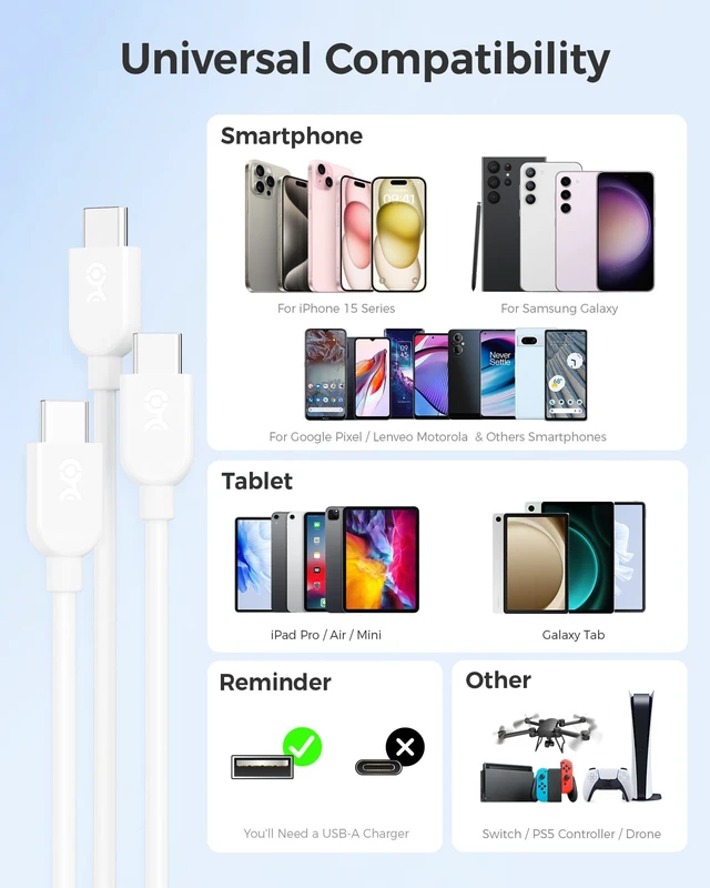 Alt view image 7 of 7 - Cable Matters 3-Pack USB A to USB C Cable, 6ft, White | USB C to USB A Charging Cable, Supports Apple CarPlay and Android Auto, for iPhone 17/16 and Galaxy S24