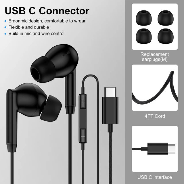 Alt view image 4 of 7 - Type C Earphones Wired Headphones USB C for iPhone 17e 17 Pro Max 17 16e 16 15 USB C Earbuds Wired Headphones for Samsung Galaxy S26 Ultra A17 A16 5G A15 A14 A36 A56 A26 S26 S25 S24 with Microphone