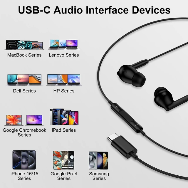 Alt view image 7 of 7 - Type C Earphones Wired Headphones USB C for iPhone 17e 17 Pro Max 17 16e 16 15 USB C Earbuds Wired Headphones for Samsung Galaxy S26 Ultra A17 A16 5G A15 A14 A36 A56 A26 S26 S25 S24 with Microphone