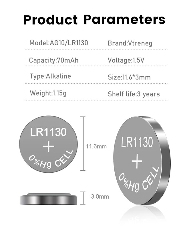 Alt view image 3 of 7 - Vtreneg 10 Pack LR1130 Battery, 389 390 AG10 LR54 1.5V Alkaline Batteries | for Watches, Calculators, Thermometers, Laser Pointers, Toys, Leak-Proof