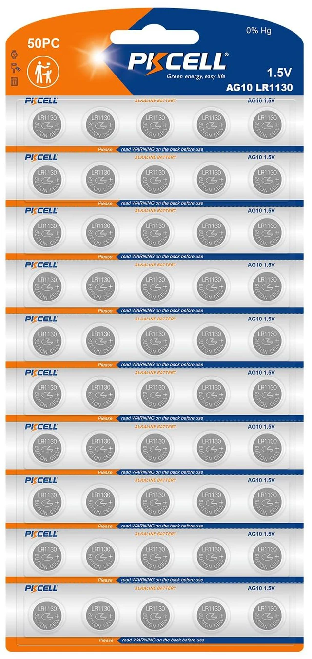 Main image of PKCELL 50 Pack LR1130 Battery AG10 389 390 LR54 Button Cell Battery | 1.5V Alkaline Button Batteries for Watches, Calculators